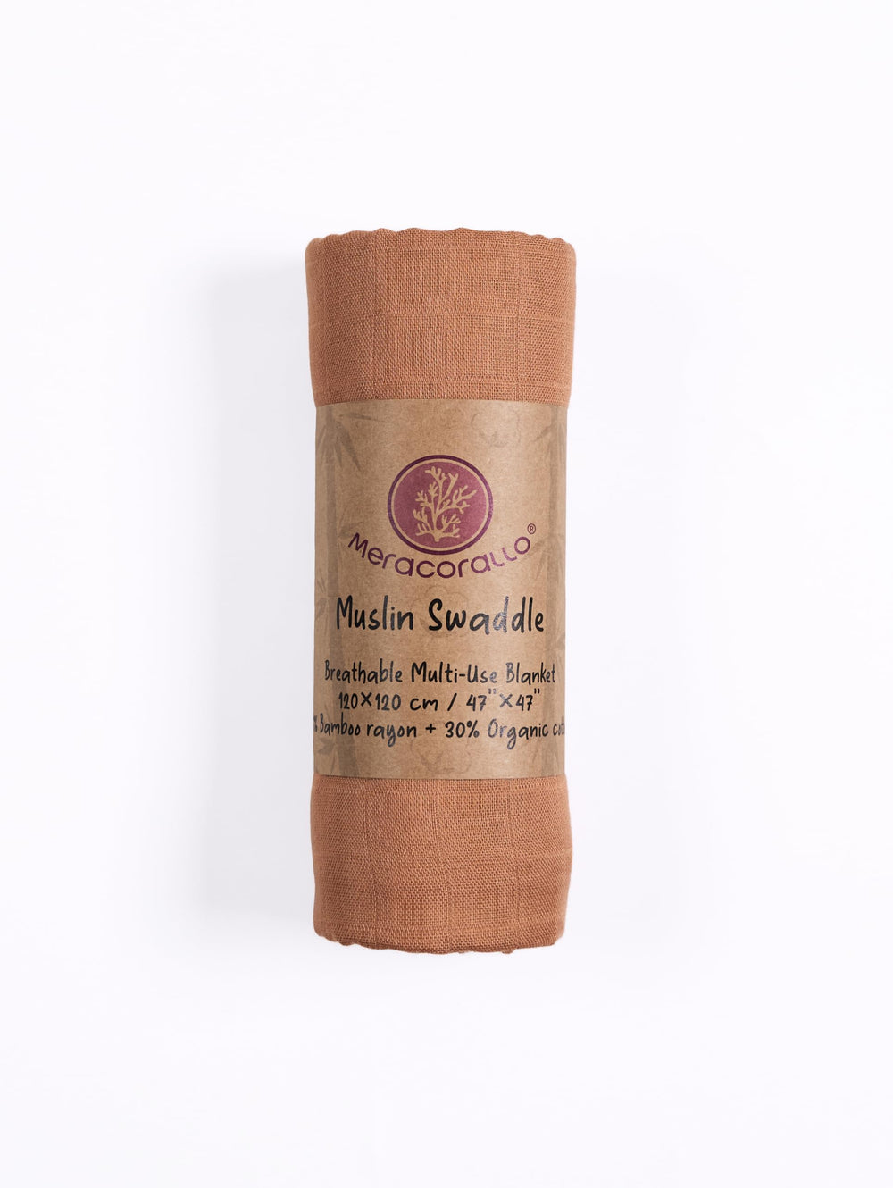 Meracorallo camel swaddle fabric close-up shows silky-soft bamboo-cotton blend.