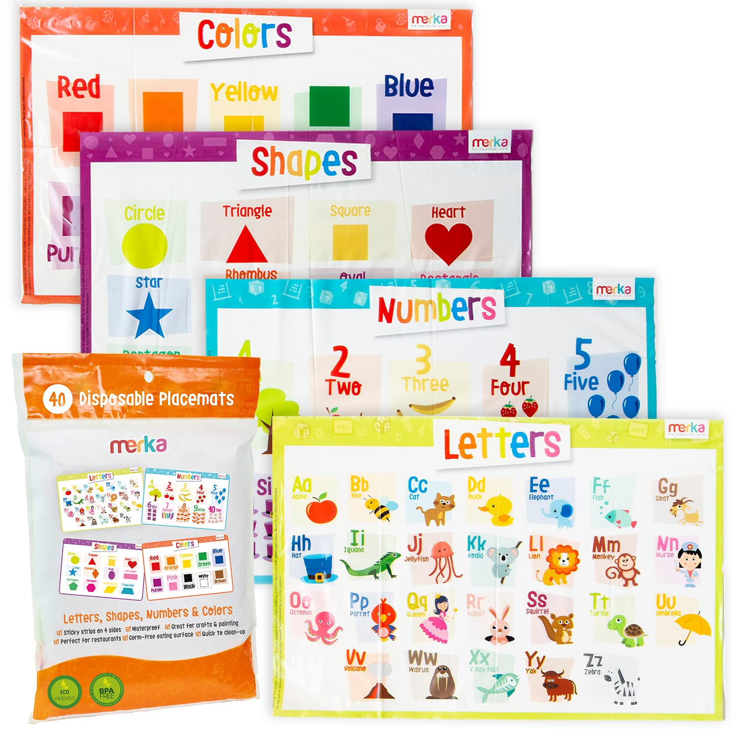 Merka placemats arranged for a tidy mealtime setup with kid-friendly visuals