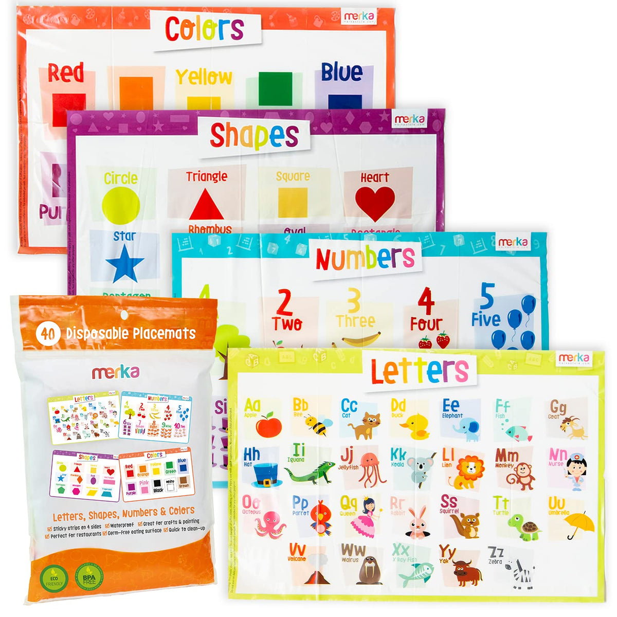 Merka placemats arranged for a tidy mealtime setup with kid-friendly visuals