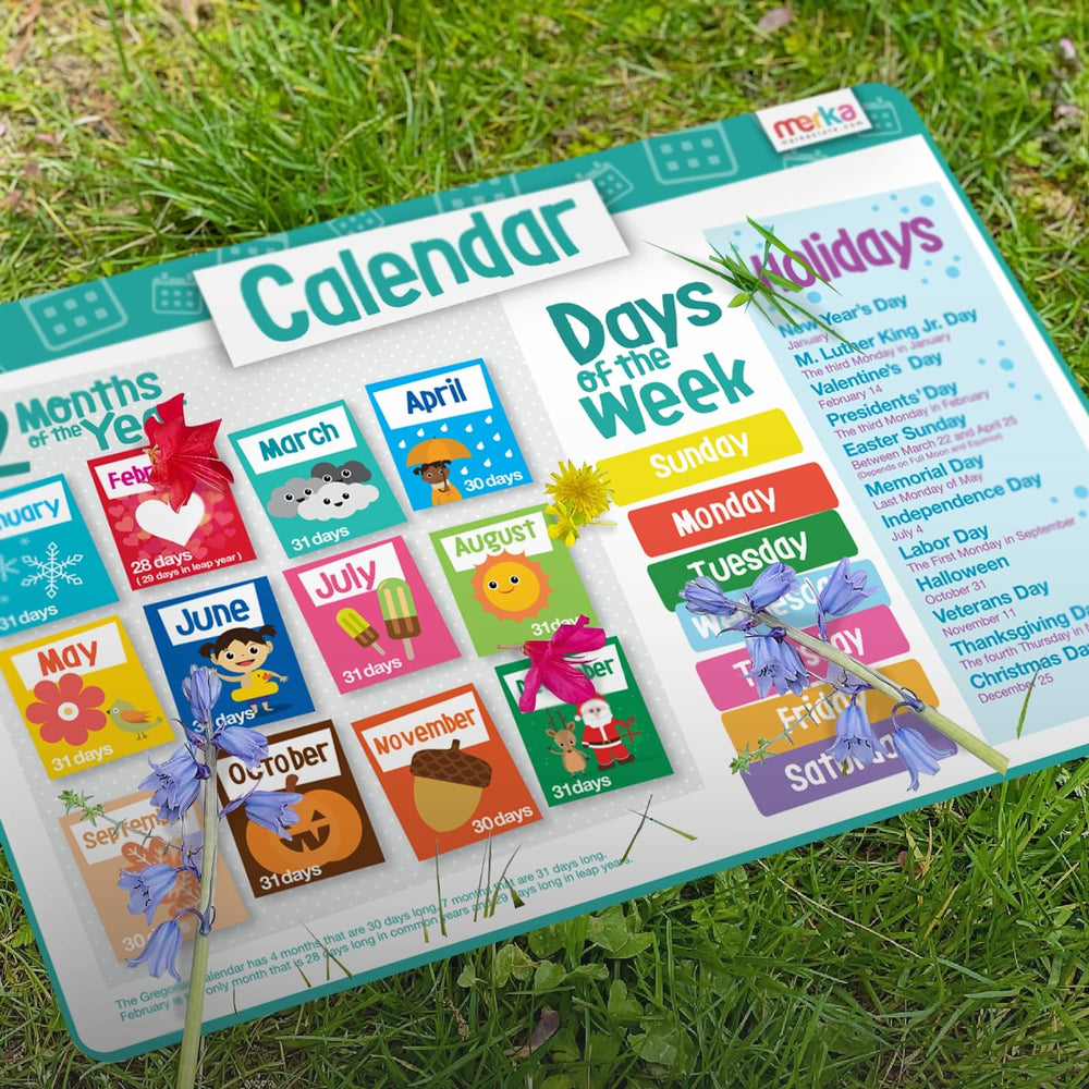 Merka Kids Placemat teaching time scene supports time concepts at family dinners.