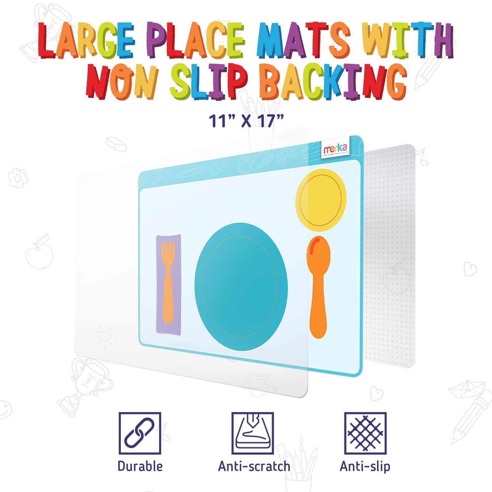 Merka placemat features colorful design that engages toddlers at mealtime.