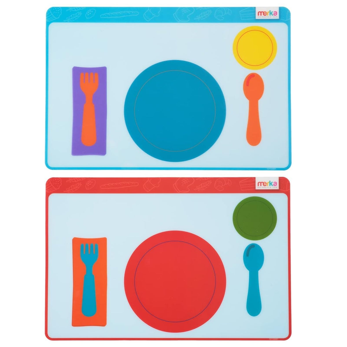 Merka Place Setting Placemat for Kids with educational graphics guiding utensil placement.