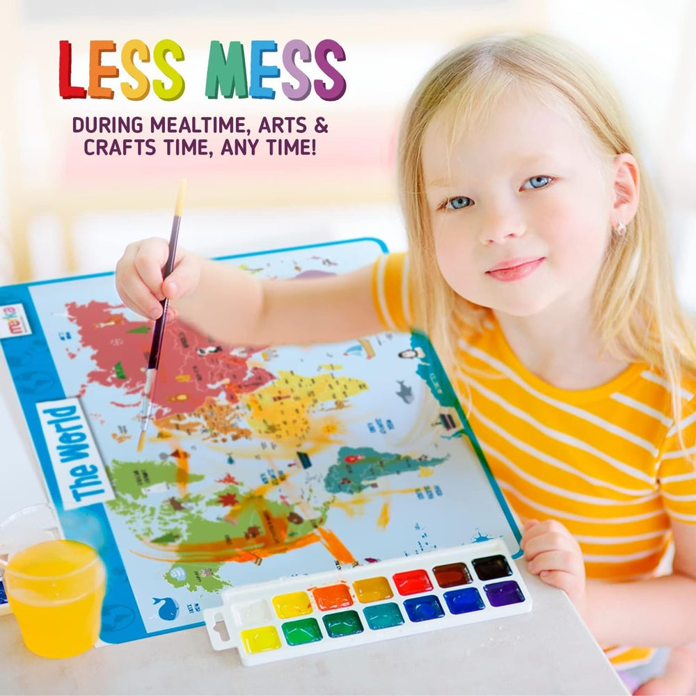 Merka World Map Placemat features colorful continents and oceans to visualize geography concepts.