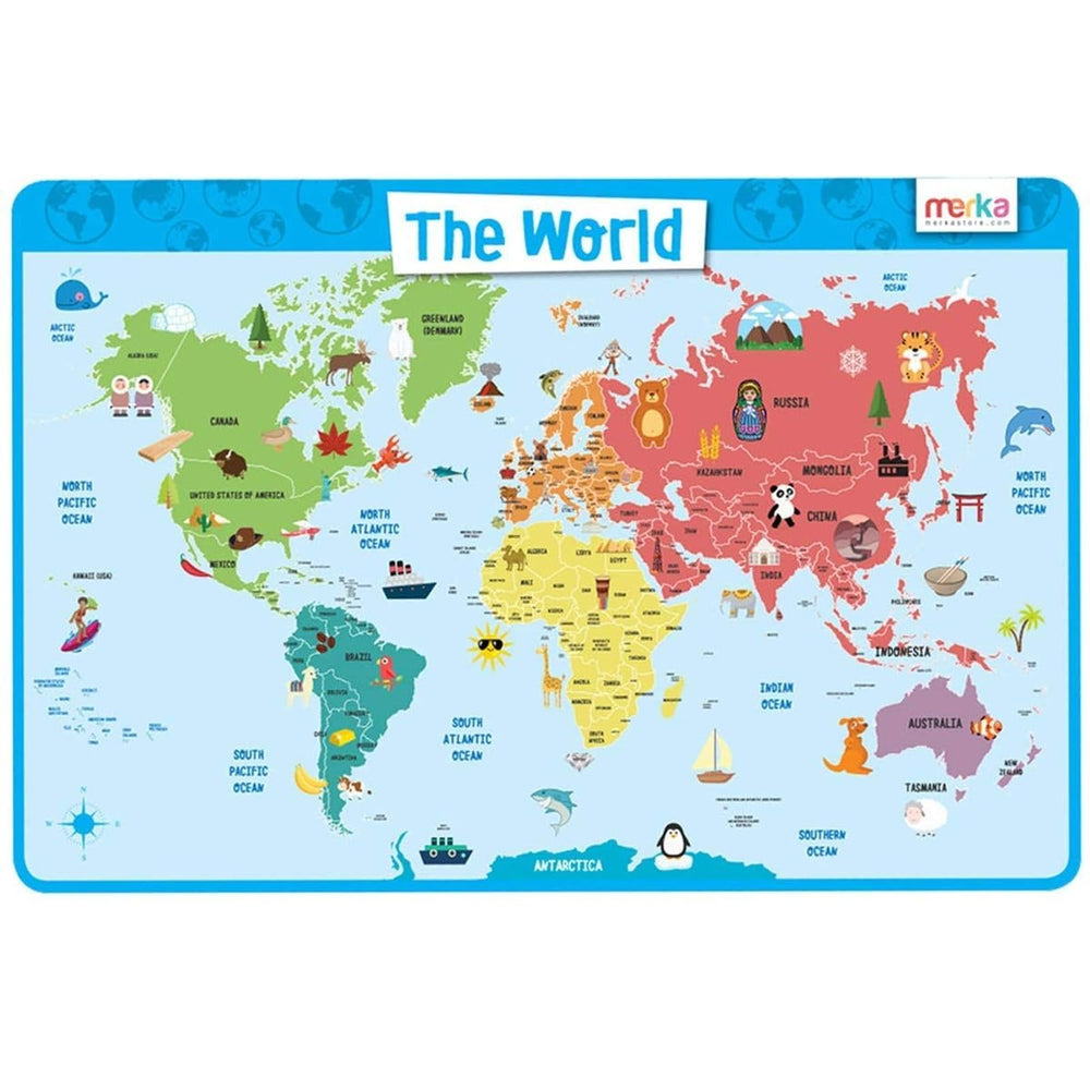 Merka World Map Placemat shows continents and oceans to spark geography curiosity at mealtime.
