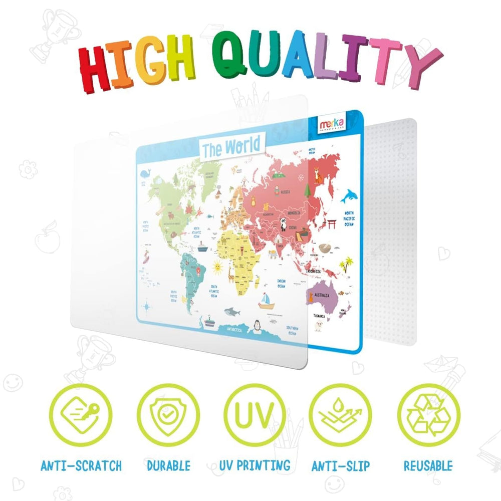 Merka World Map Placemat used at school or home to support independent geography learning.
