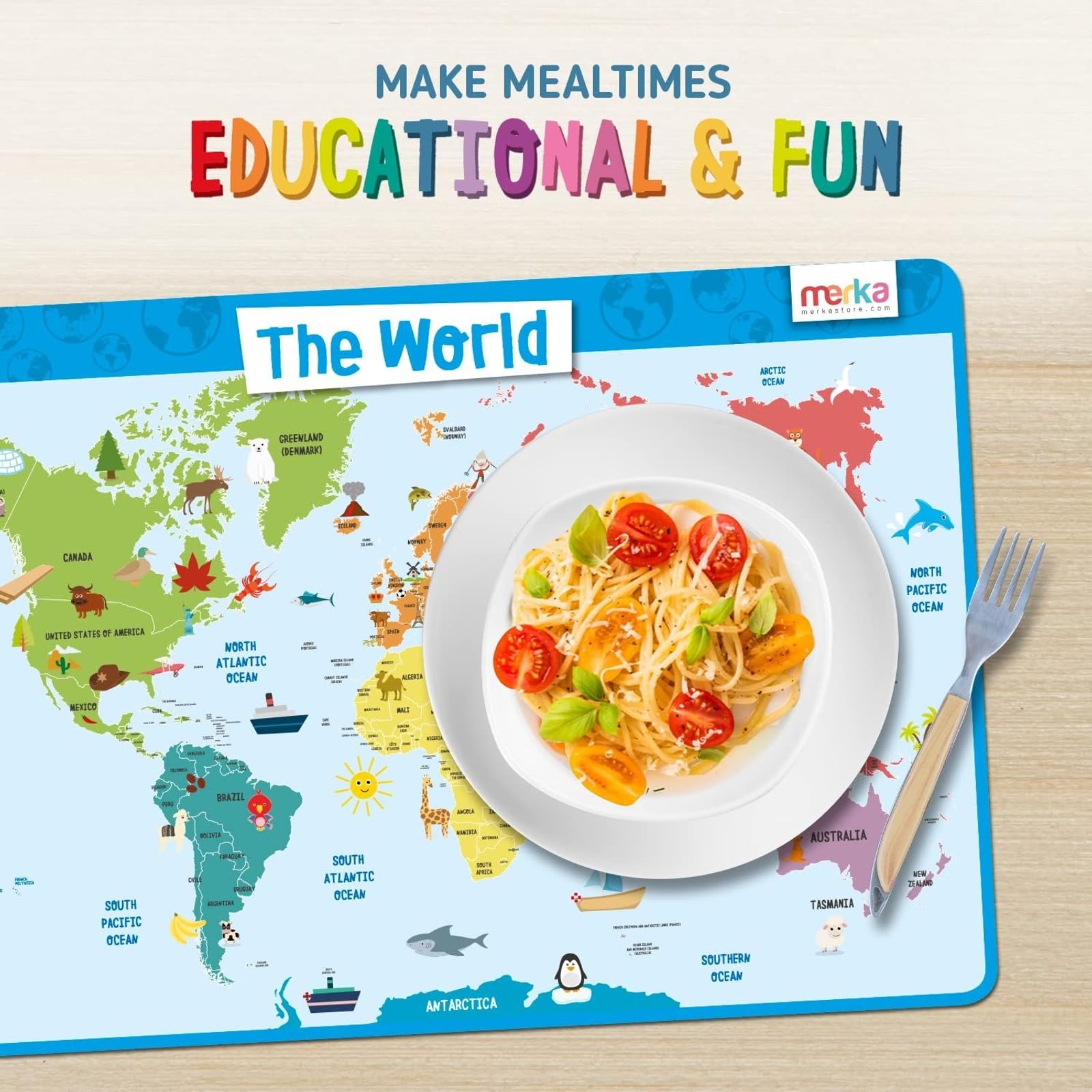 Merka World Map Placemat is reusable, turning meals into educational moments.