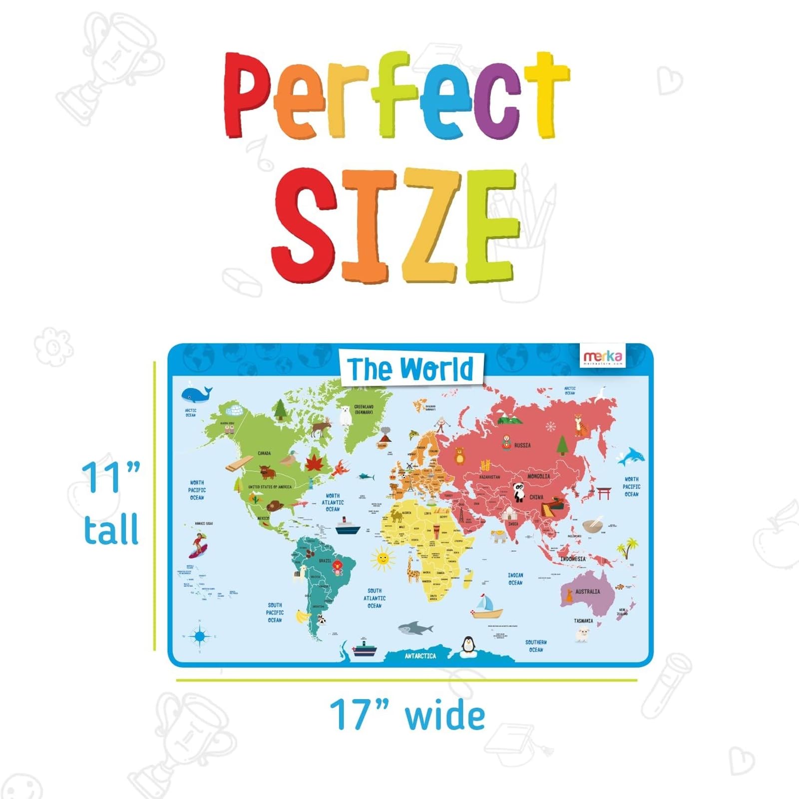Merka World Map Placemat easy to wipe clean after lunch or snack time.