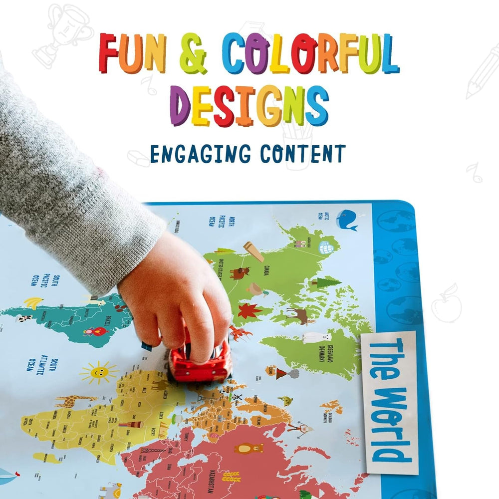 Merka World Map Placemat safe plastic design for kids ages 2 and up.