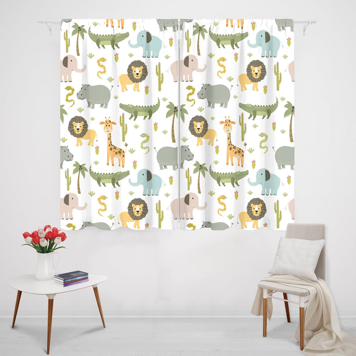 MESHELLY safari lion print curtains brighten the nursery window.
