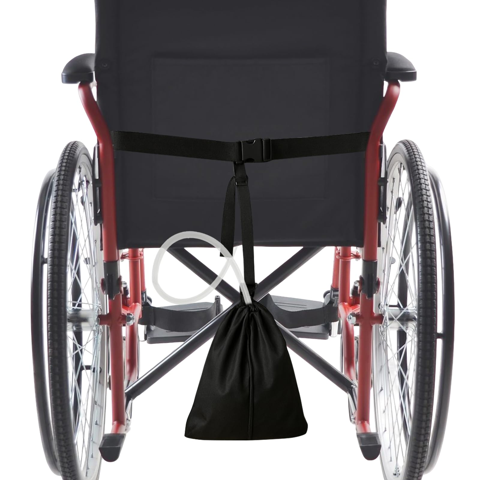 MESINURS Wheelchair Foley Bag Holder keeps the drainage bag discreet under the seat.