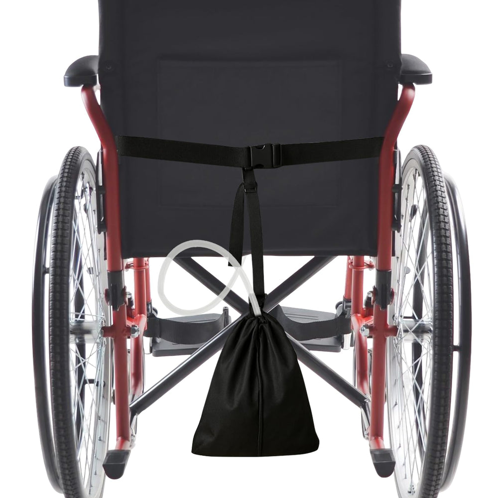 MESINURS Wheelchair Foley Bag Holder keeps the drainage bag discreet under the seat.