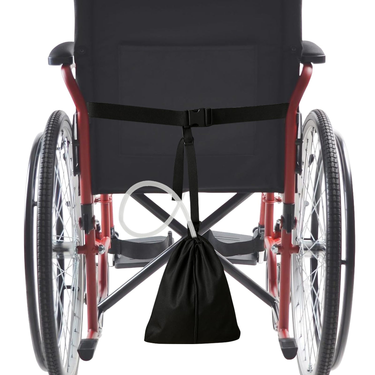 MESINURS Wheelchair Foley Bag Holder keeps the drainage bag discreet under the seat.