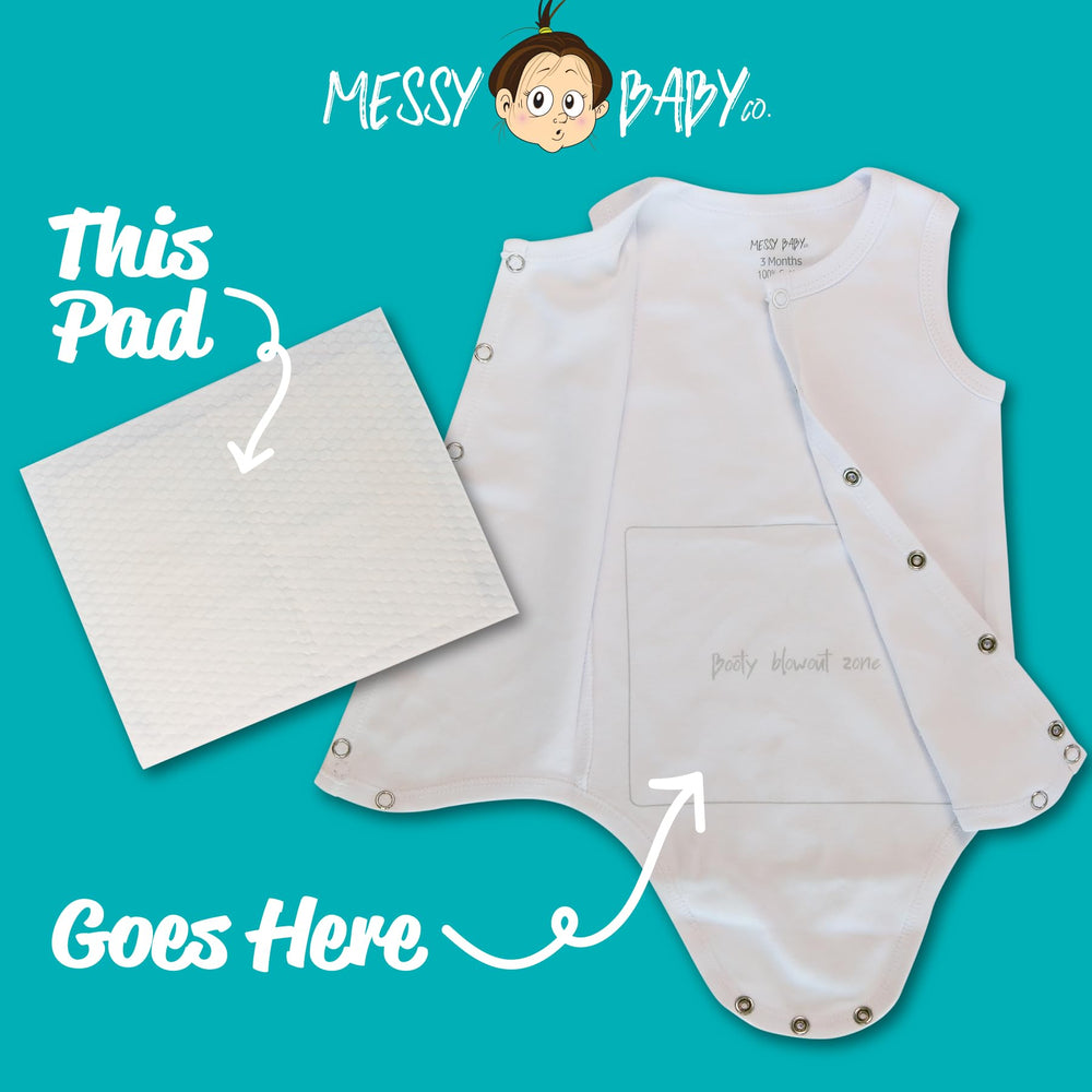 Messy Baby Co adhesive-back pad sticks inside the onesie for secure protection.