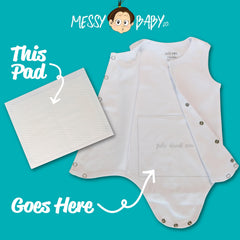Messy Baby Co adhesive-back pad sticks inside the onesie for secure protection.