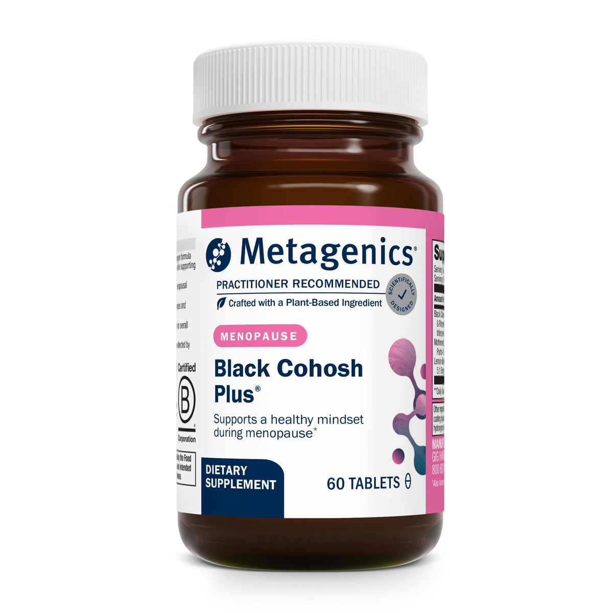 Metagenics Black Cohosh Plus bottle front showing branding and 60 tablets for menopause support.