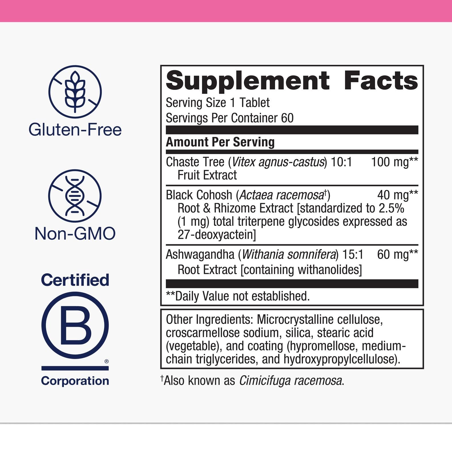 Metagenics Chasteberry Plus bottle label close-up highlights herbal blend for women's health.