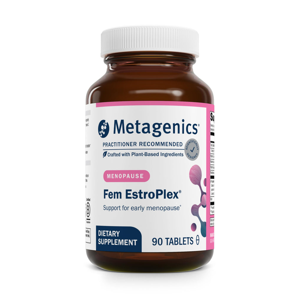 Metagenics Fem EstroPlex bottle on table highlighting balance support for women.