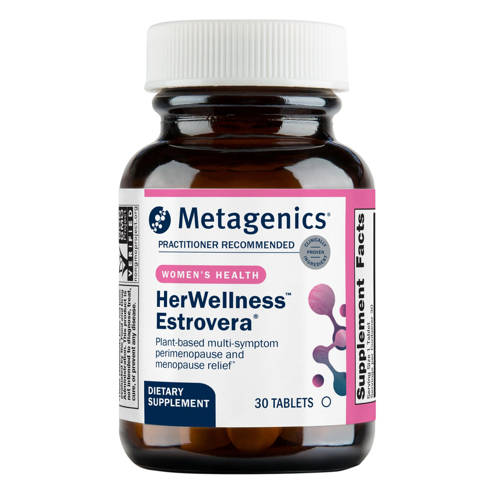 Metagenics HerWellness Estrovera bottle front signaling plant-based menopause support.