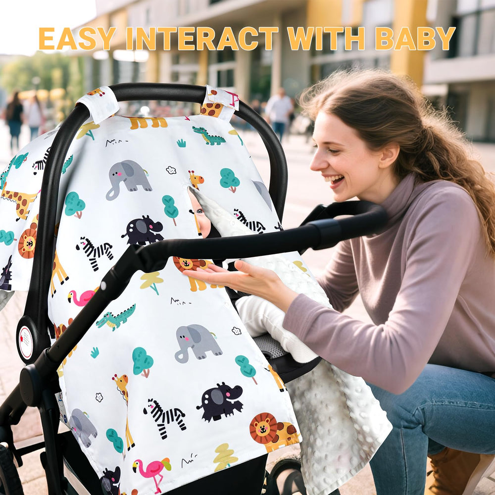 Metplus car seat cover doubles as nursing shawl, stroller shield, and mat