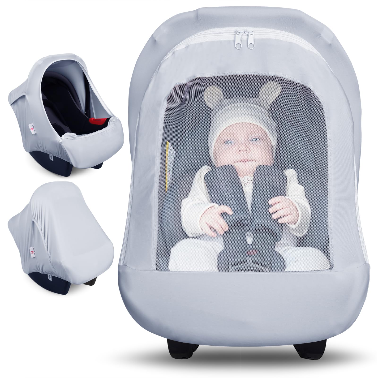 Metplus baby car seat canopy with mesh window offers breathable protection during travel.