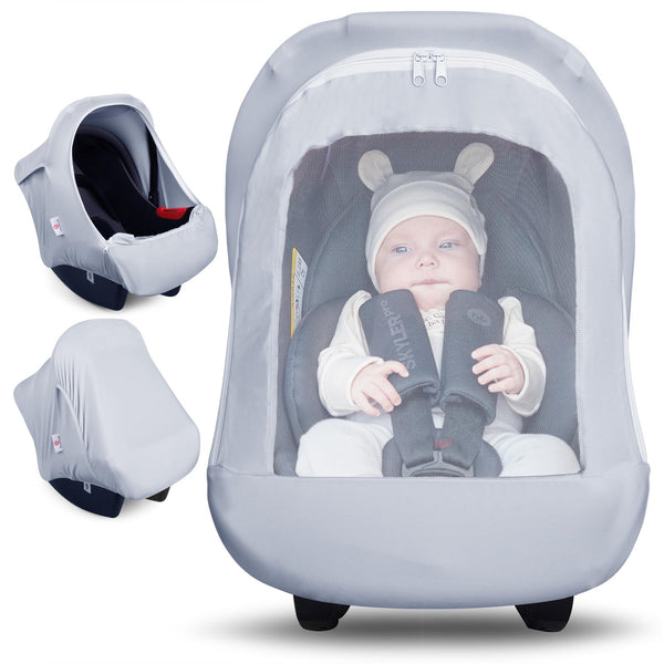 Metplus baby car seat canopy with mesh window offers breathable protection during travel.