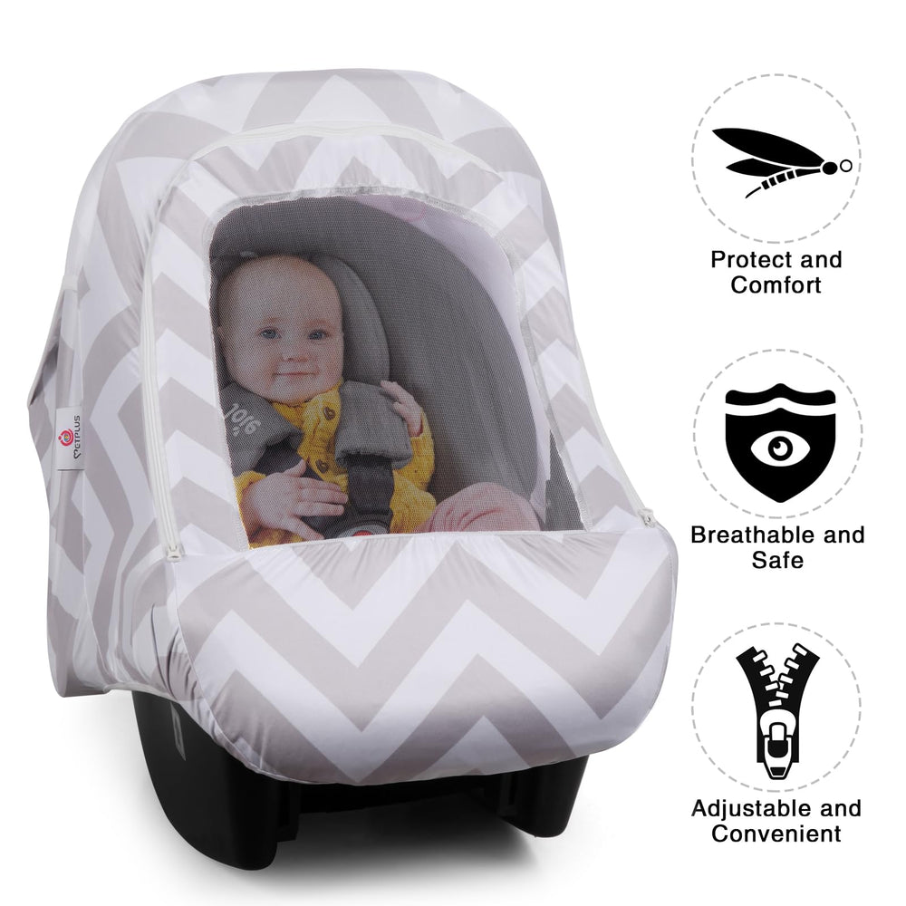 Metplus car seat cover allows easy access for diaper changes and feeds