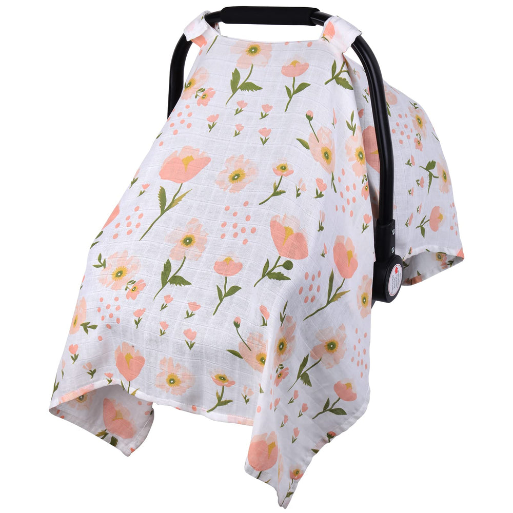 Metplus muslin carseat cover in pink floral for sun and wind protection.