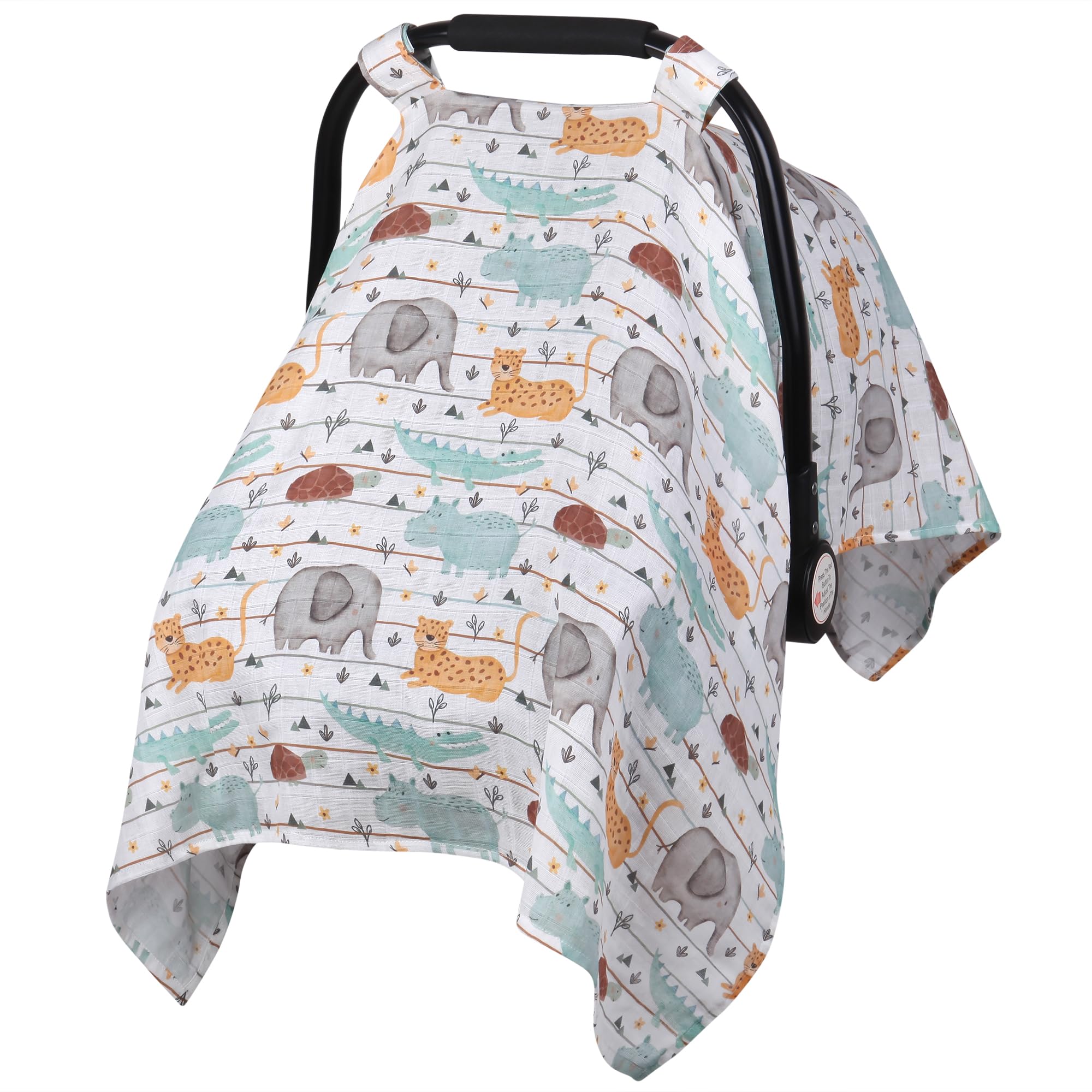 Metplus Muslin Carseat Cover privacy canopy shielding baby from sun and wind.