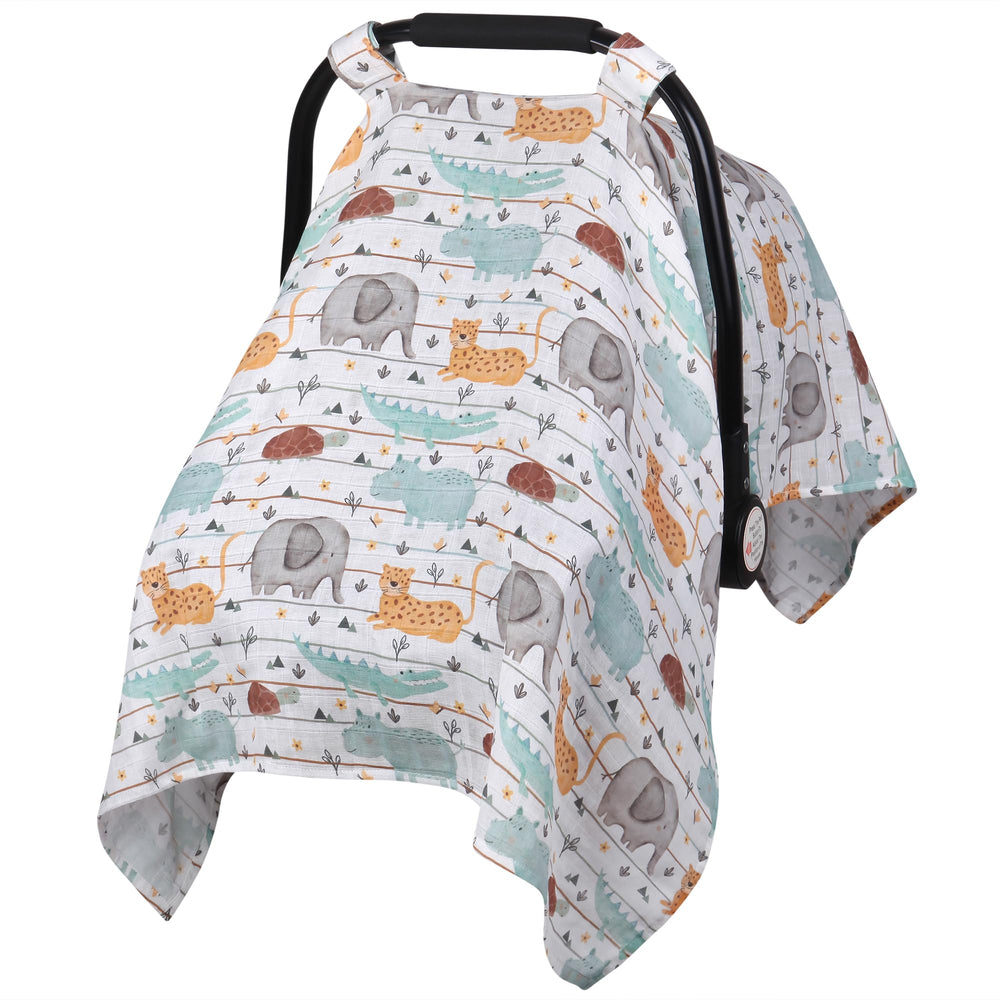 Metplus Muslin Carseat Cover privacy canopy shielding baby from sun and wind.