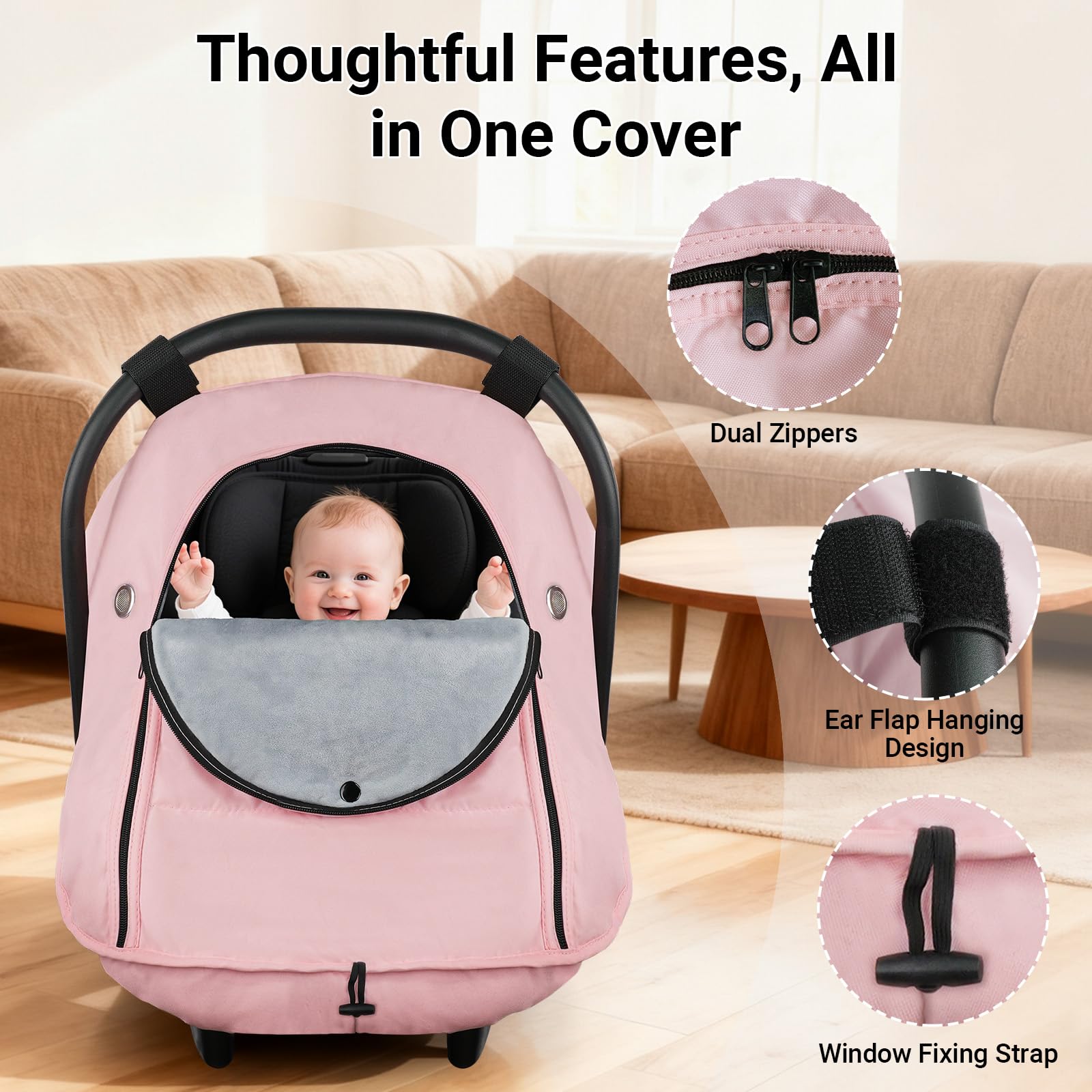 Metplus Winter Car Seat Cover front-panel fully zip for flexible airflow and access.