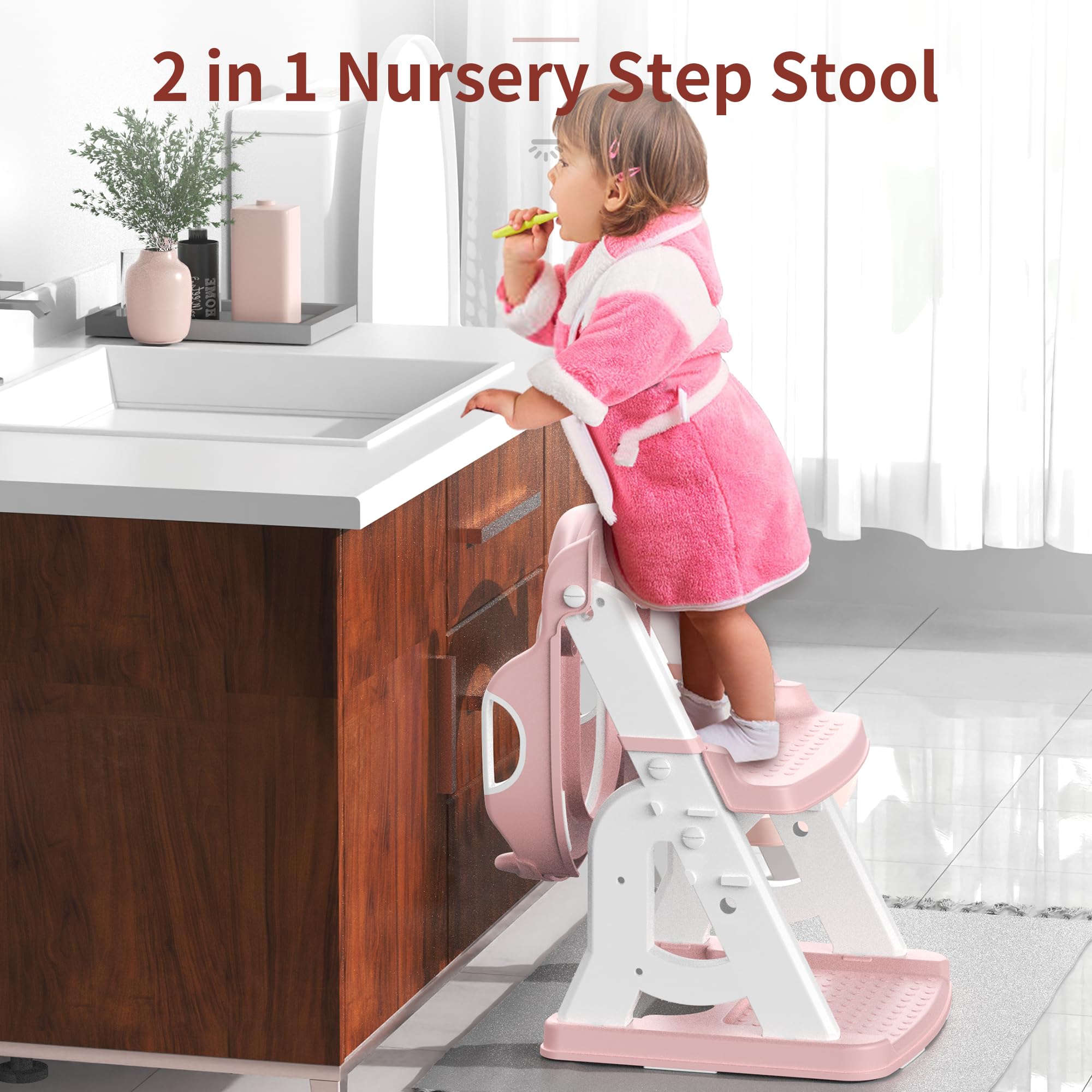 MeuLife Potty Seat pink folds into a two-step stool for reach at the sink.