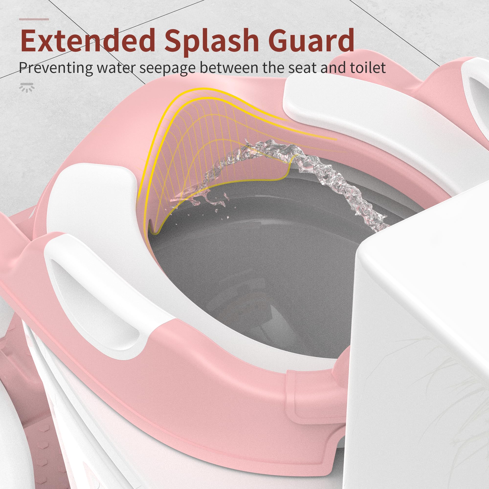 MeuLife Potty Seat pink splash guard helps minimize spills during use.