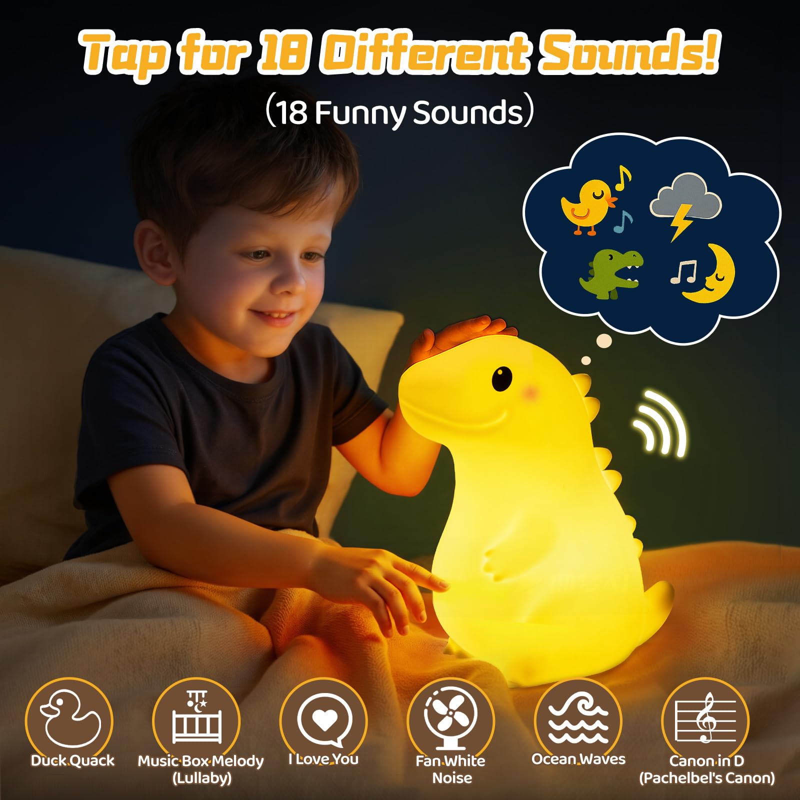 Mewaii dinosaur sounds and white noise enhance calm during bedtime.