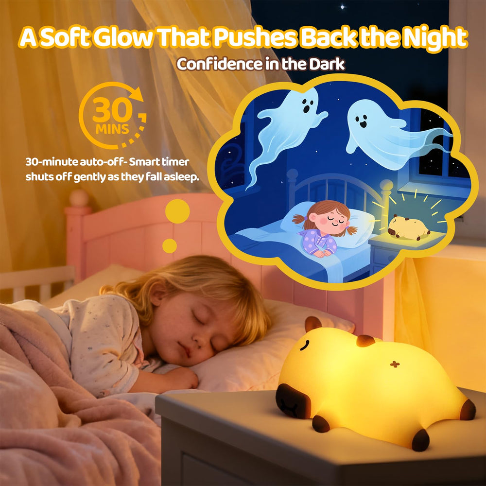 Mewaii snoring-capybara night light provides 3-level dimming for bedtime.