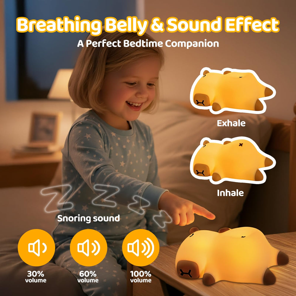 Mewaii snoring-capybara night light with dimmed glow supports night time use.