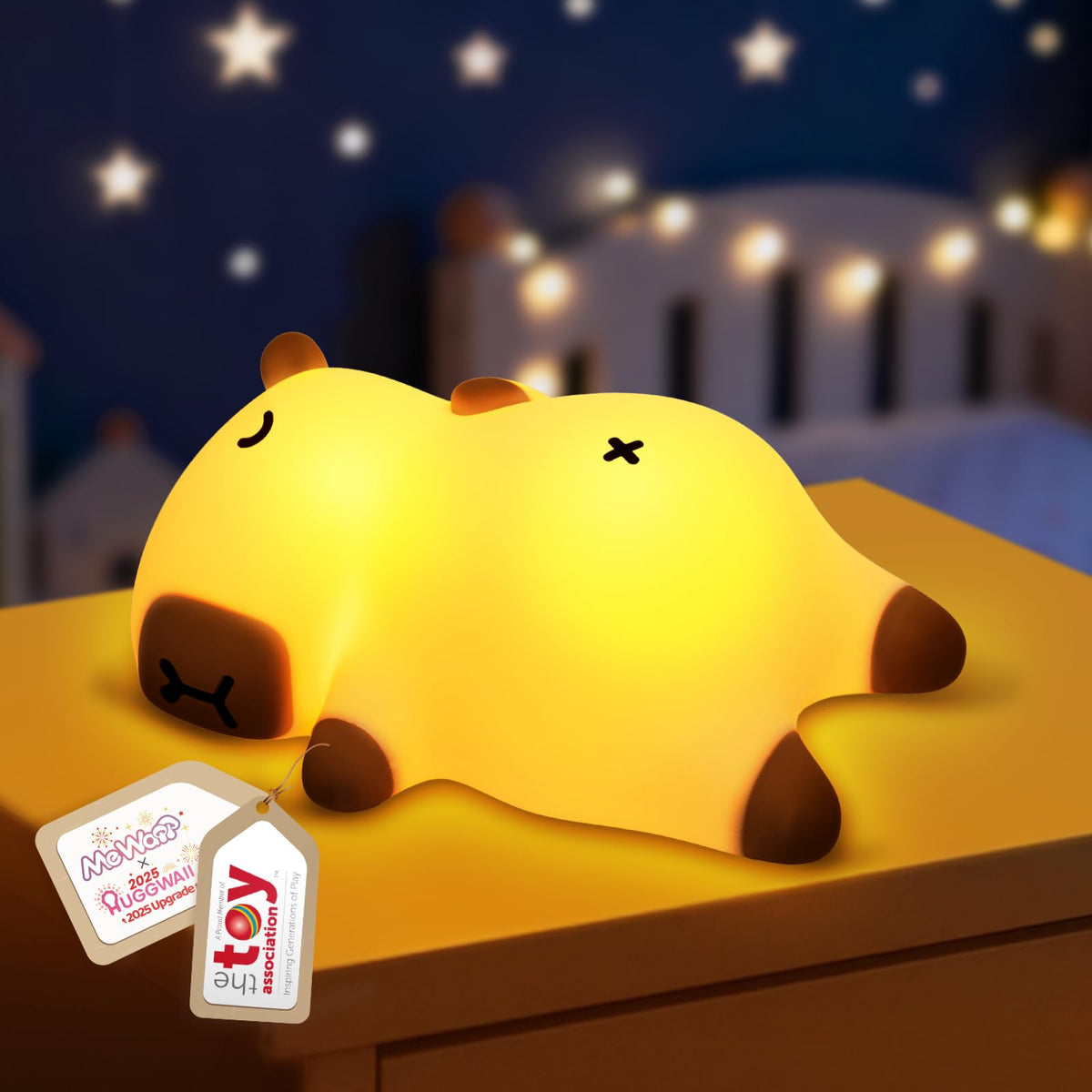 Mewaii snoring-capybara night light on table offers gentle ambience.