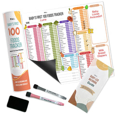 Mewl baby first foods tracker magnet board logs meals from puree to finger foods.