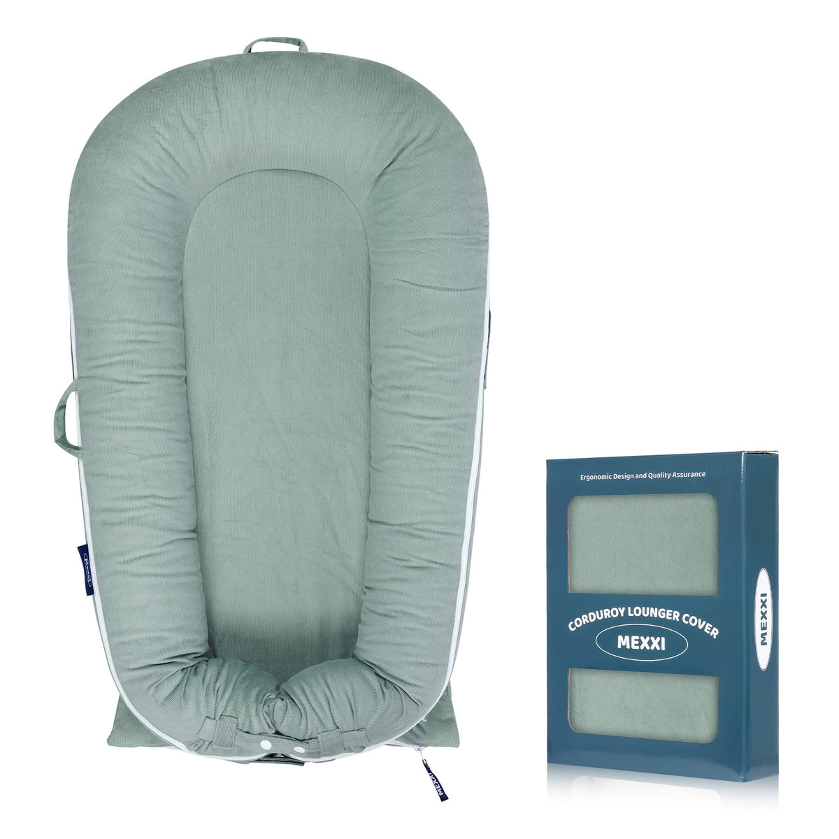 MEXXI baby nest replacement cover in corduroy sage green offers soft, breathable cotton for newborn comfort.