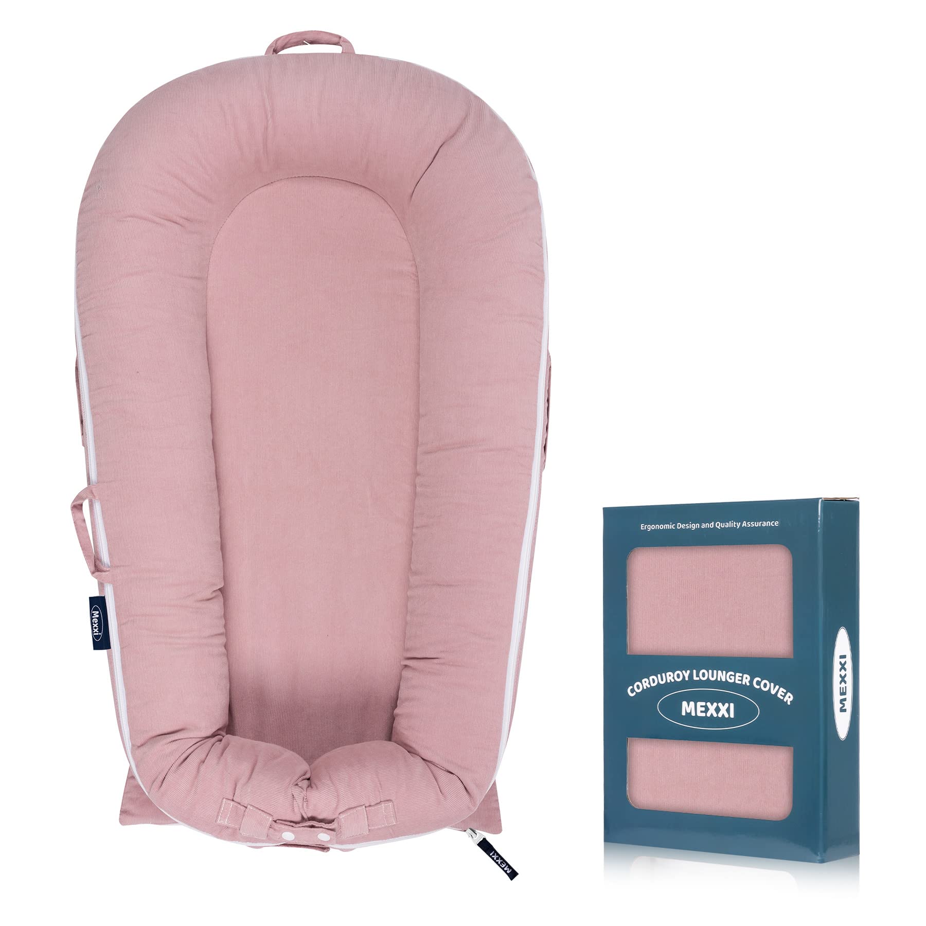 MEXXI corduroy lounger cover for DockATot Deluxe+ fits snugly for naps.