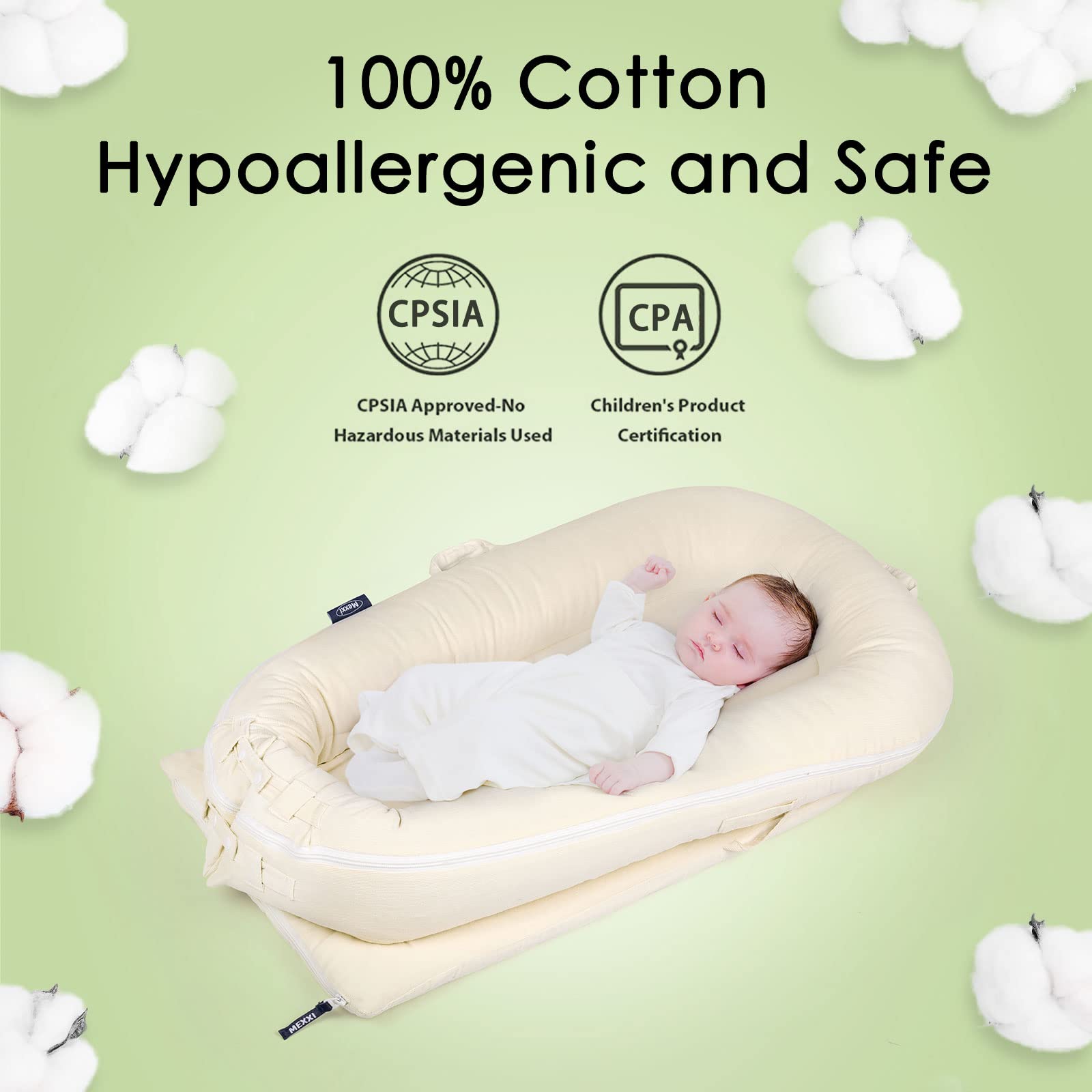 Mexxi hypoallergenic cotton cover beige emphasizes safe, breathable fabric for sensitive skin.