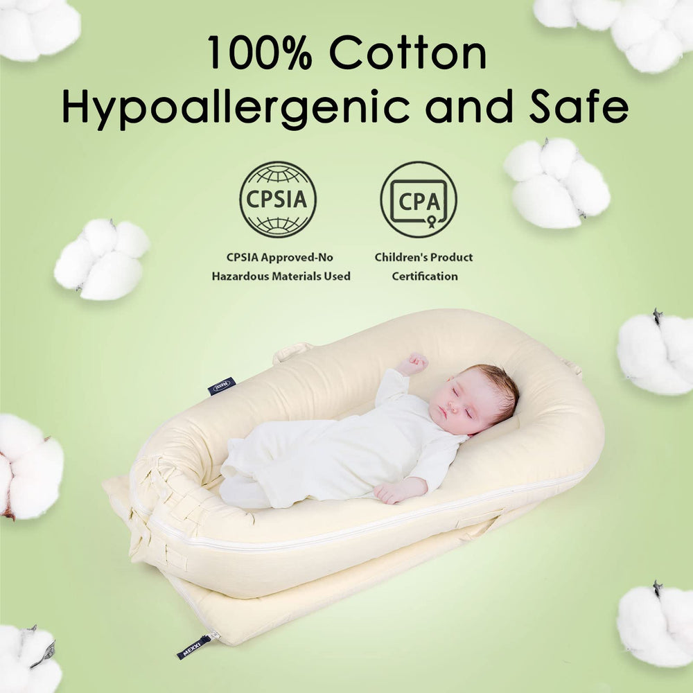 Mexxi hypoallergenic cotton cover beige emphasizes safe, breathable fabric for sensitive skin.
