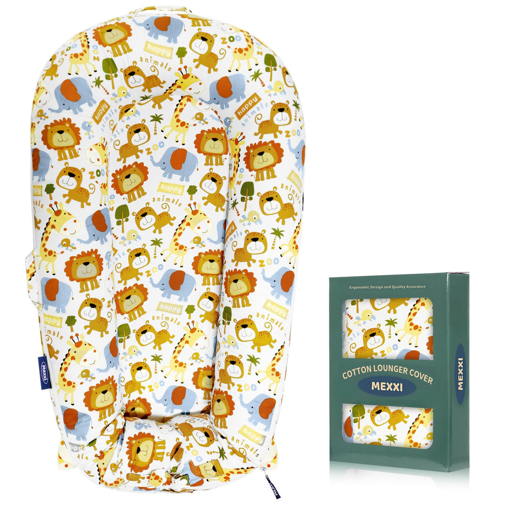 MEXXI infant lounger replacement cover in Happy Animals pattern for cozy, breathable naps.