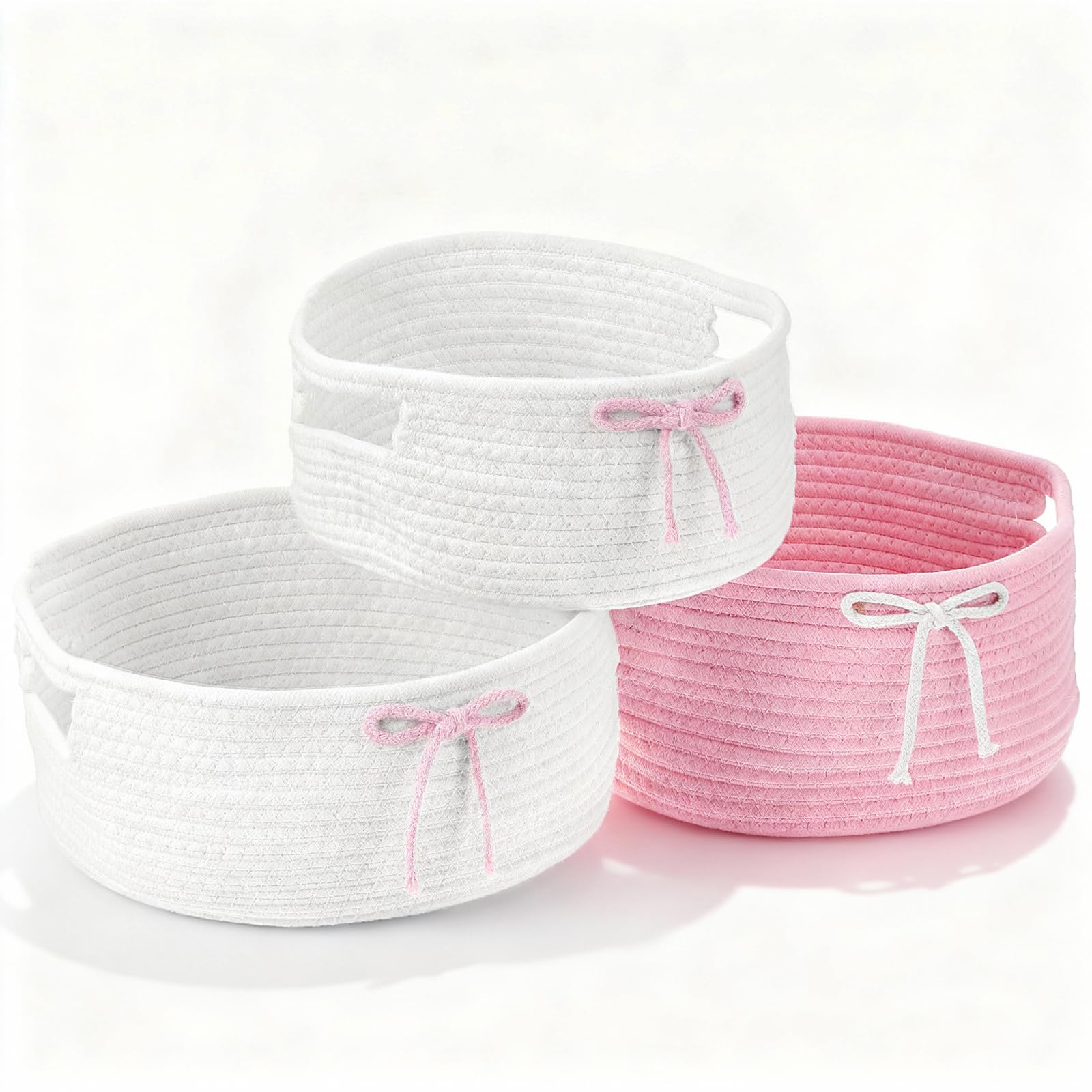 Meyeyaia Coquette Bow Hamper front view with durable cotton rope and decorative bow.