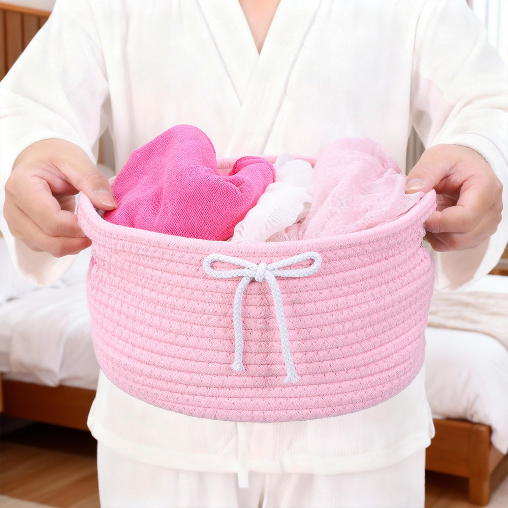 Meyeyaia Coquette Bow Hampers stacked demonstrate space-saving storage.