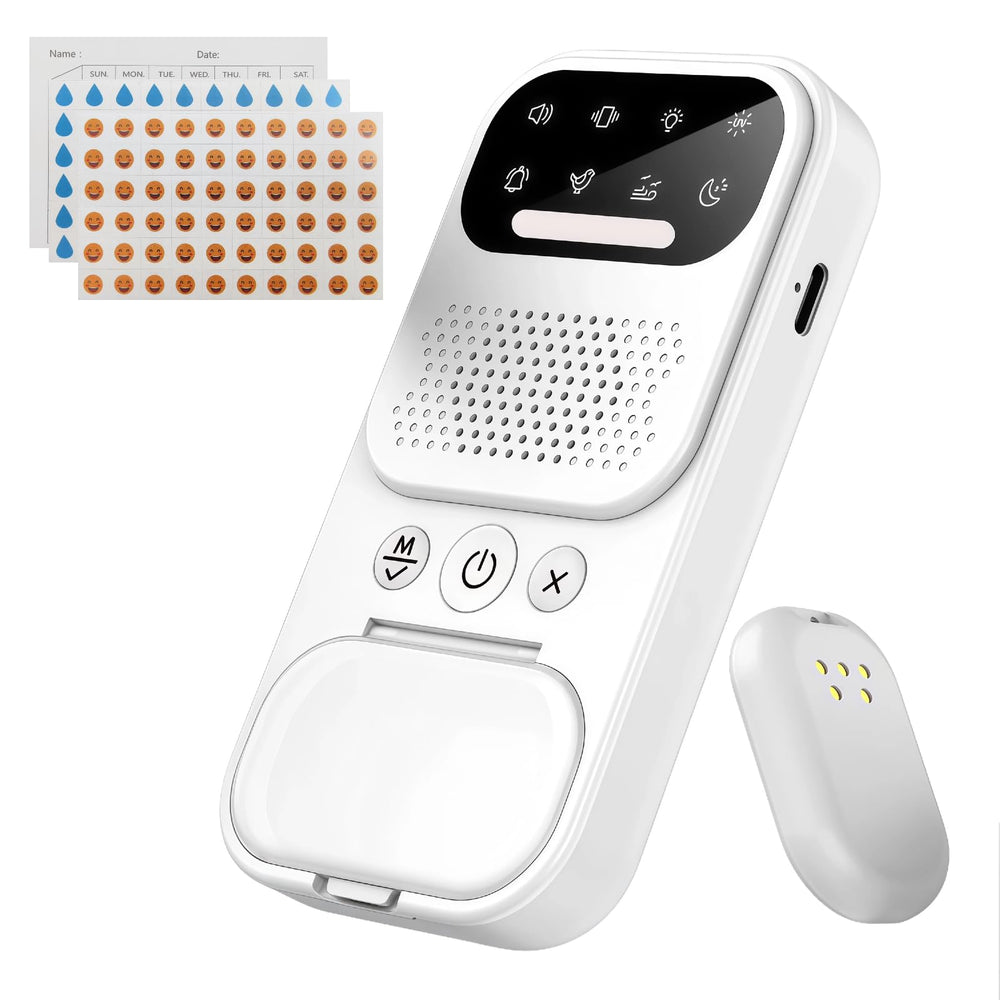 Mezdebtic bedwetting alarm front view with compact training device for nightly routines.