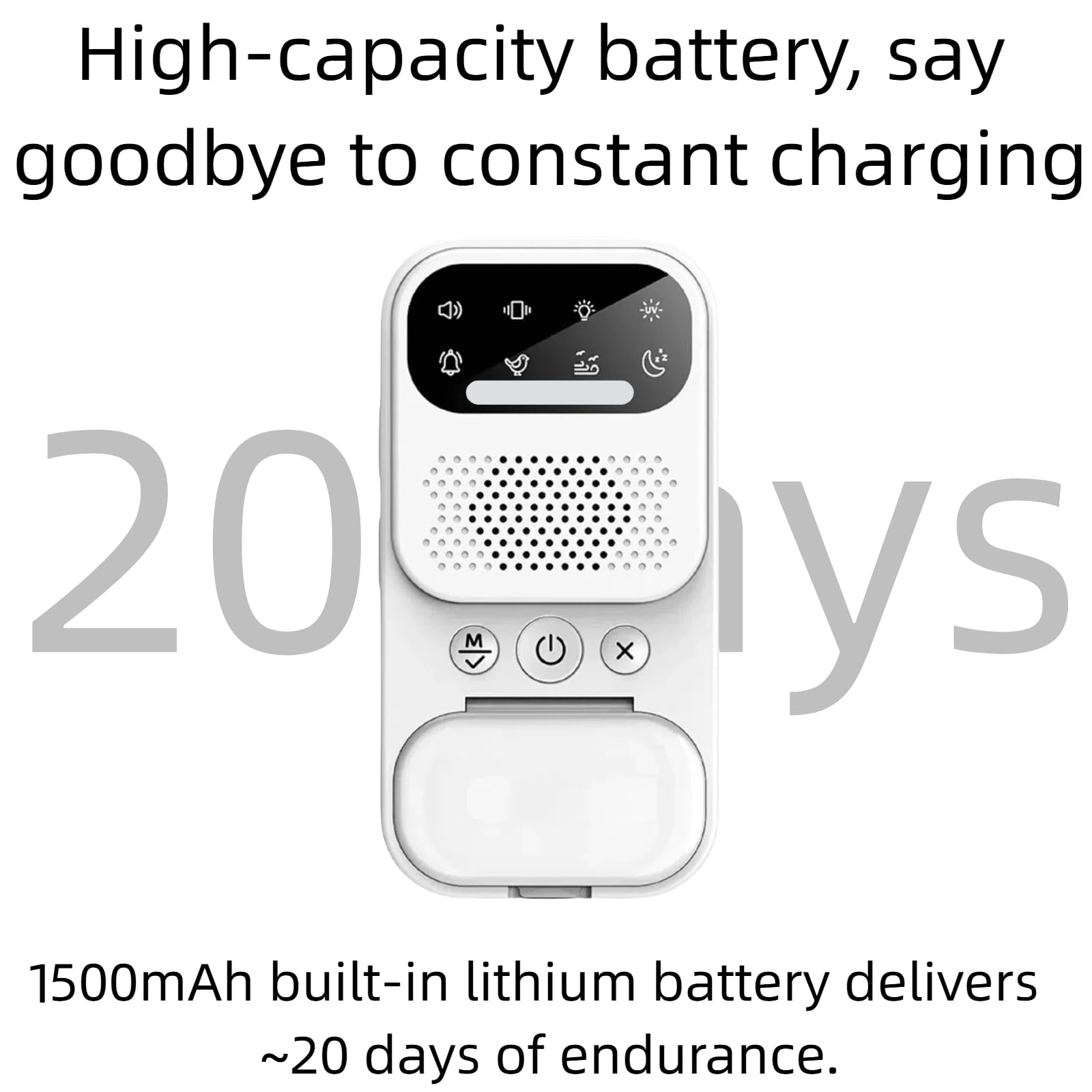 Mezdebtic high-capacity battery image emphasizing long nightly use.