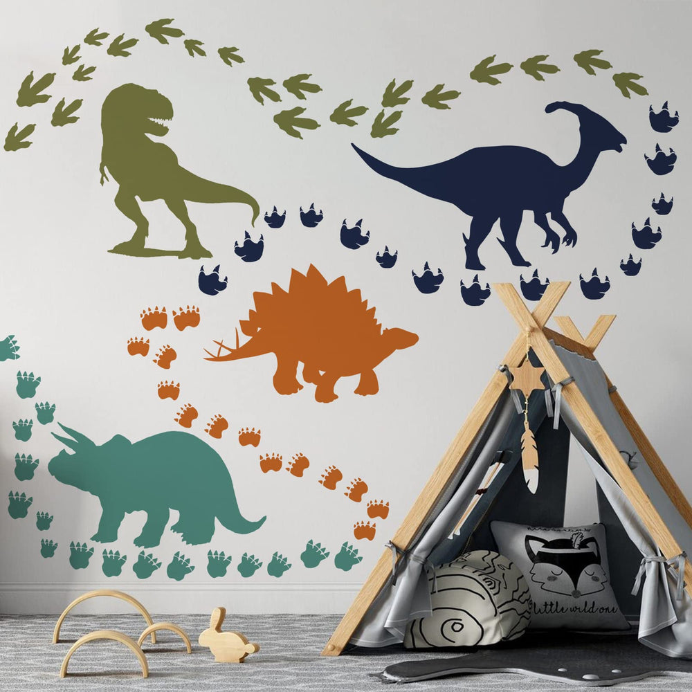 Mfault baby-room dinosaur footprints wall art creates a playful focal point in toddlers' spaces.