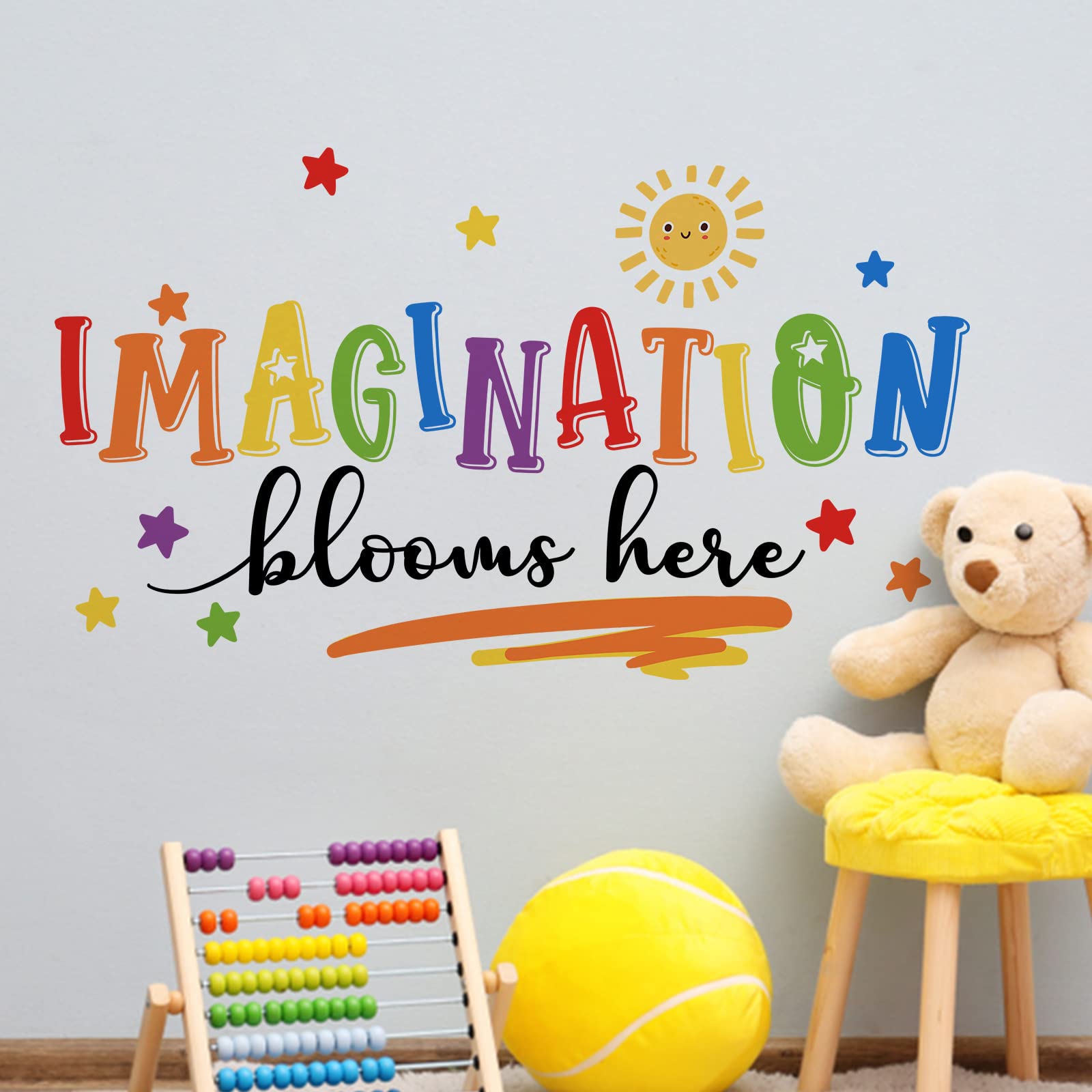 Mfault Imagination Blooms Here daycare classroom decal blends with neutral palettes.