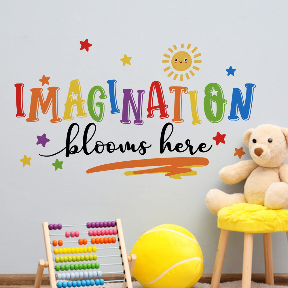 Mfault Imagination Blooms Here daycare classroom decal blends with neutral palettes.