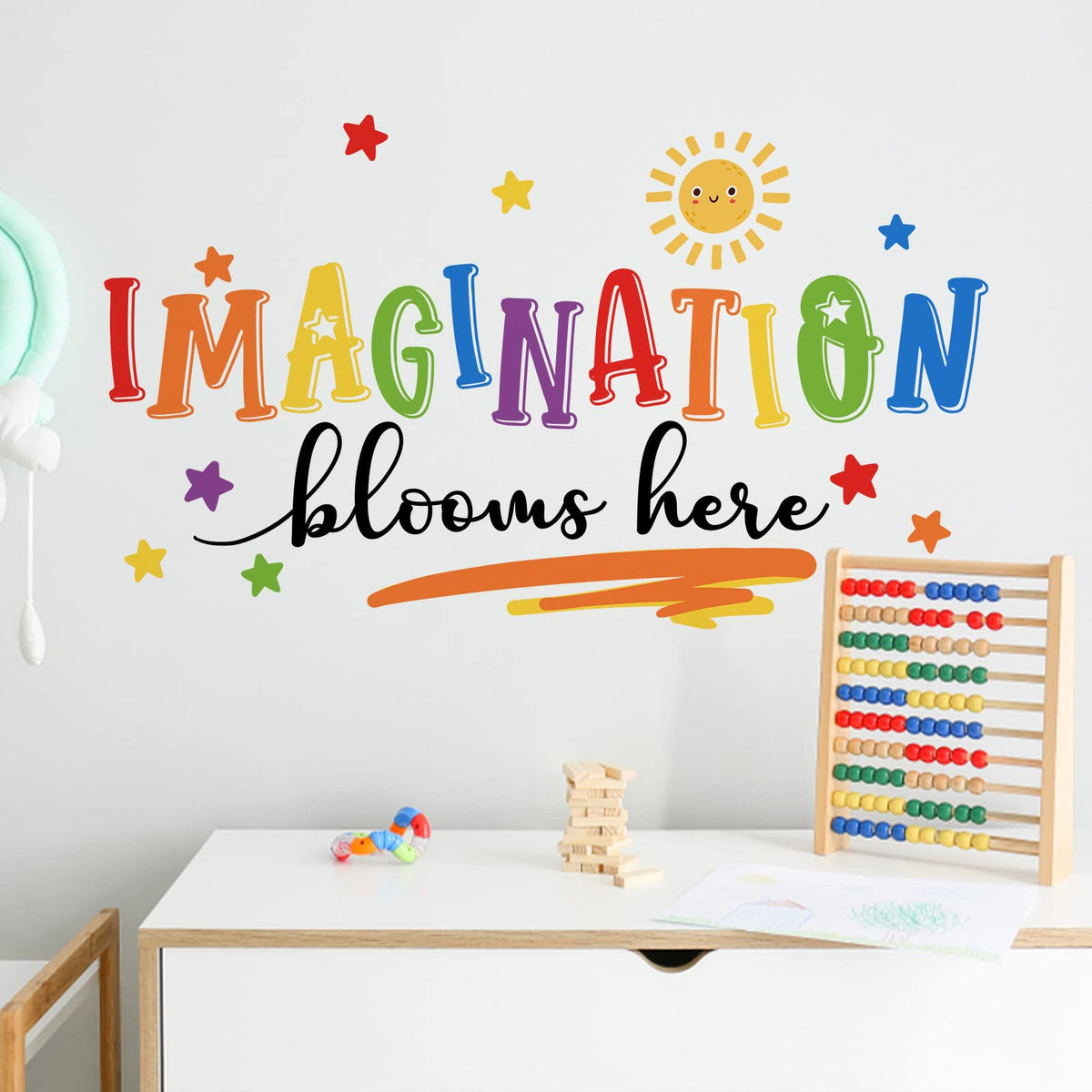 Mfault Imagination Blooms Here watercolor sun decal sparks joyful play in nurseries.